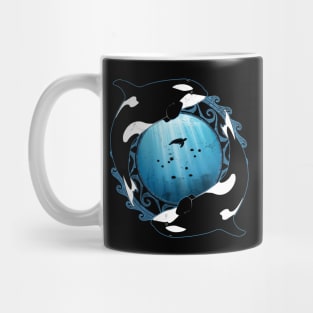 Orcas on Underwater Background Mug